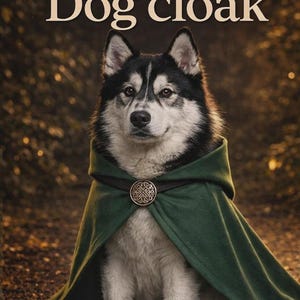 May include: A dog with black and white fur wearing a green cloak, fastened with a decorative clasp. The image includes the text "INSTANT DOWNLOAD - PDF Pattern - Dog cloak - Beginner Friendly".