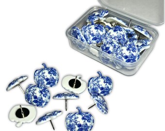 Blue White Pumpkin Push Pins | Chinoiserie Floral Decorative Tacks