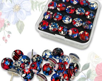 Red, white, blue floral thumbtacks for bulletin boards with summer garden botanical design