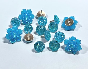 Celestial Bloom Push Pins – Blue Floral Druzy Thumbtacks for Office Decor