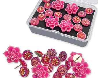 Celestial Bloom Push Pins –Hot Pink Version 2 Floral Druzy Thumbtacks for Office Decor