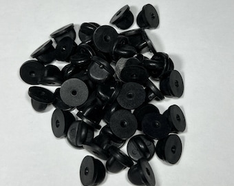 Black rubber pin backs for lapel, hat pins, badges, and ribbon bars.