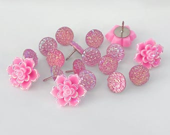 Celestial Bloom Push Pins – Pink Floral Druzy Thumbtacks for Office Decor