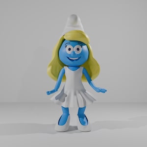 May include: A Smurfette figurine stands with a cheerful expression. The blue figure has blonde hair, a white dress, and white shoes. The hat is white, and the figure is posed against a plain background.