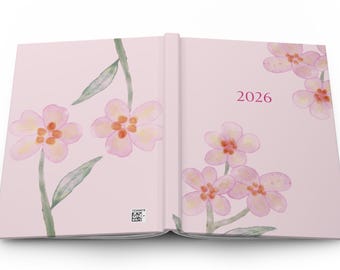Pink Floral A5 Notebook, Lined Matte Hardcover Journal 2026 Diary or Blank Planner
