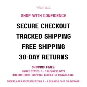 Puede incluir: Un gr&aacute;fico informativo blanco con el logotipo de Ward Studio en letra cursiva rosa en la parte superior. El texto dice: SHOP WITH CONFIDENCE, SECURE CHECKOUT, TRACKED SHIPPING, FREE SHIPPING, 30-DAY RETURNS, SHIPPING TIMES, UNITED STATES: 1 - 5 BUSINESS DAYS.