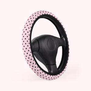 black dots on baby pink, universal fit car decor polka dot steering wheel cover