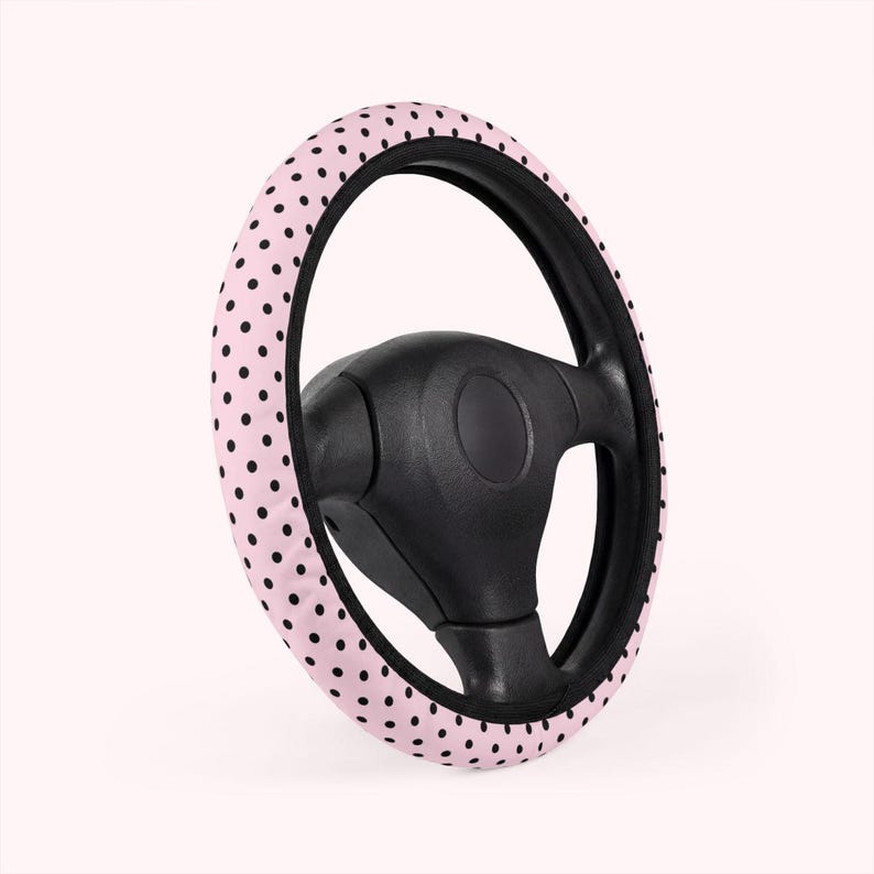 black dots on baby pink, universal fit car decor polka dot steering wheel cover