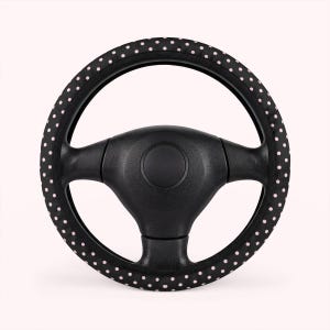 black and baby pink polka dot steering wheel cover