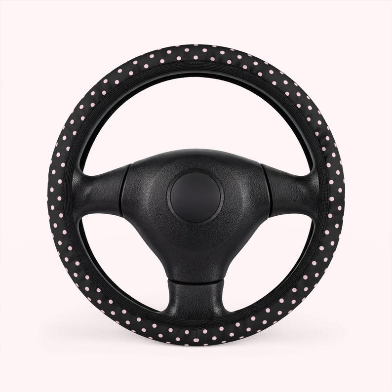 black and baby pink polka dot steering wheel cover