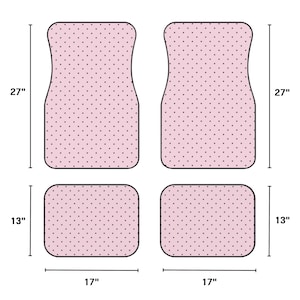 May include: A set of four light pink car floor mats featuring a dark polka dot pattern. The two larger front mats measure 27 inches in length, while the two smaller rear mats measure 13 inches in length by 17 inches in width as indicated.