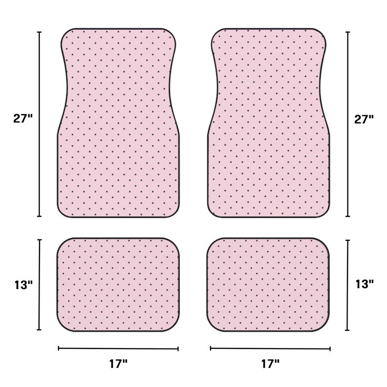 May include: A set of four light pink car floor mats featuring a dark polka dot pattern. The two larger front mats measure 27 inches in length, while the two smaller rear mats measure 13 inches in length by 17 inches in width as indicated.