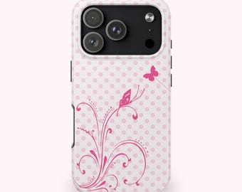 Protective Y2K Butterflies Pink Polka Dot Phone Case for iPhone 18 Pro Max 17 16 15