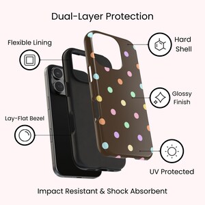 May include: A dark brown phone case with multicolored polka dots, featuring dual-layer protection, a flexible lining, a hard shell, a glossy finish, a lay-flat bezel, and UV protection. The case is impact resistant and shock absorbent.