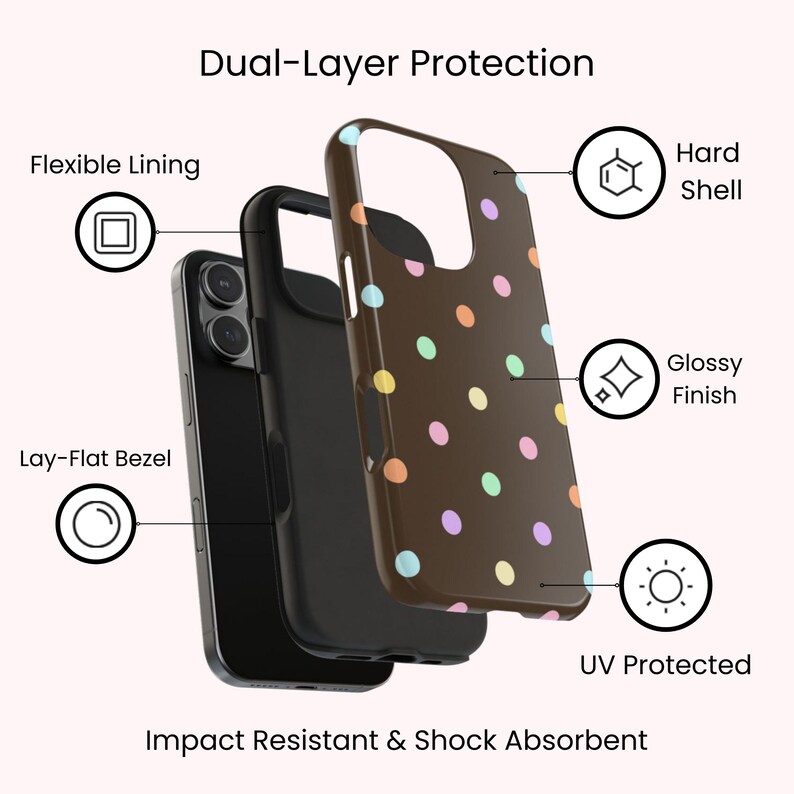 May include: A dark brown phone case with multicolored polka dots, featuring dual-layer protection, a flexible lining, a hard shell, a glossy finish, a lay-flat bezel, and UV protection. The case is impact resistant and shock absorbent.