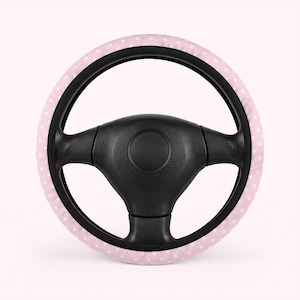 white and pink polka dot steering wheel cover