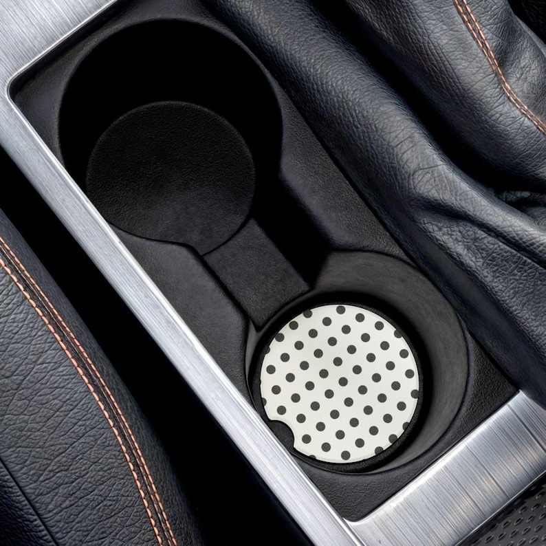 white and black polka dot car coaster
