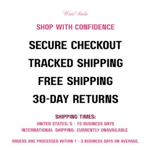 Op de afbeelding: Witte achtergrond met zwarte en roze tekst. De tekst bevat "Shop with Confidence", "Secure Checkout", "Tracked Shipping", "Free Shipping" en "30-Day Returns". Het Ward Studio-logo staat bovenaan.
