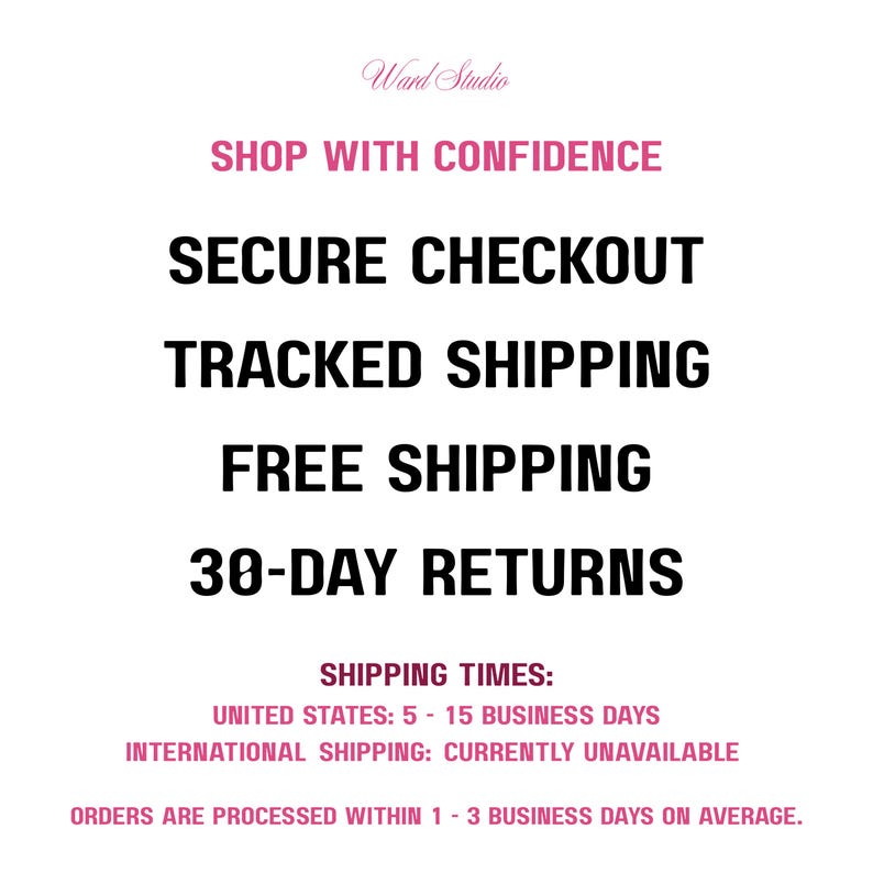 Op de afbeelding: Witte achtergrond met zwarte en roze tekst. De tekst bevat "Shop with Confidence", "Secure Checkout", "Tracked Shipping", "Free Shipping" en "30-Day Returns". Het Ward Studio-logo staat bovenaan.