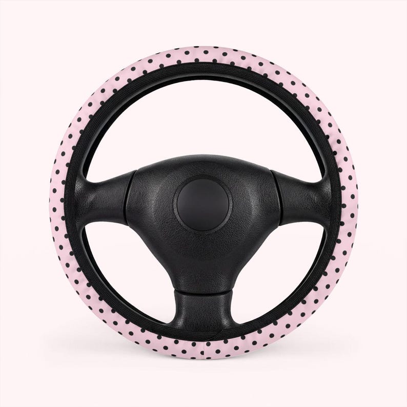 black and pink polka dot steering wheel cover