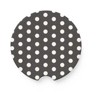black and white polka dot car coaster