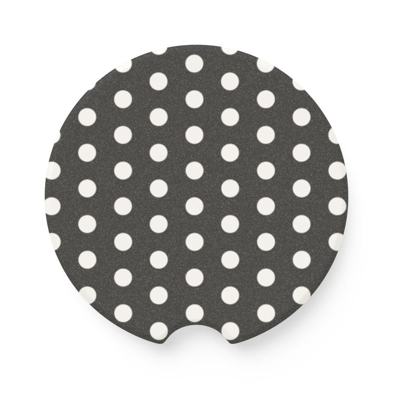 black and white polka dot car coaster