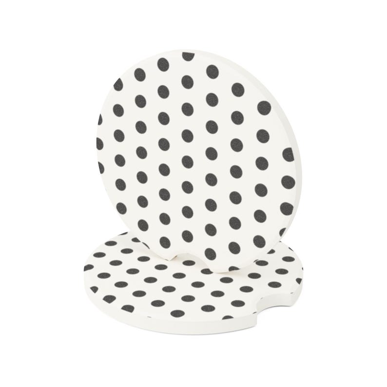 white and black polka dots car coasters set of 2