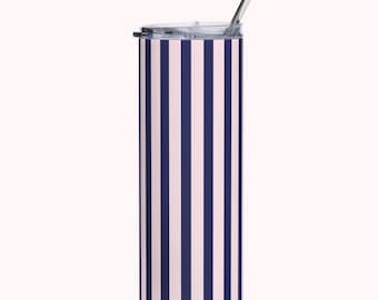 Navy Blue & Pink Stripe Insulated Stainless Steel Water Bottle — 20oz Travel Tumbler