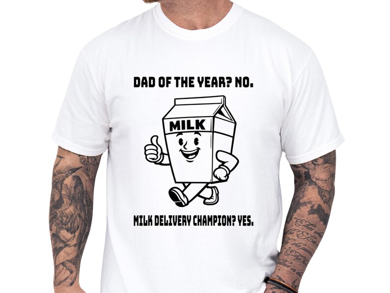 Funny dad shirt with a playful milk carton art graphic and the phrase Dad of the Year? No. Milk delivery champion? Yes. A cool papa outfit and cereal run joke gift for dad, perfect family gag clothes and Father’s Day gift idea