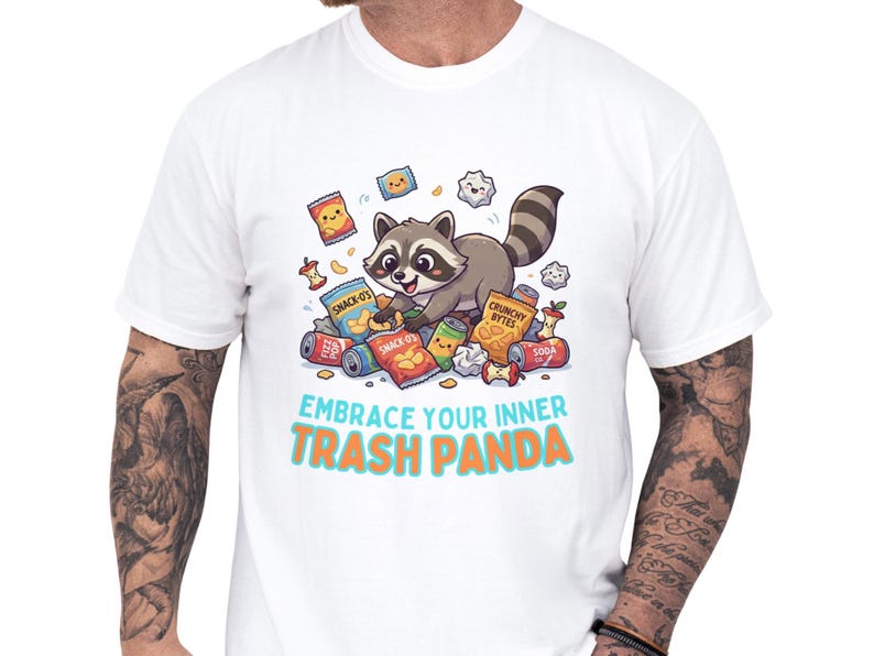 Cute raccoon graphic tee on a white unisex t shirt featuring a playful trash panda and the phrase Embrace Your Inner Trash Panda, a funny animal tee and cozy animal lover gift with a quirky sarcastic vibe