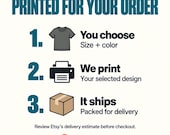 Photo 17 of 17: Three-step process graphic showing shirt selection, printing via printer icon, and shipping in a cardboard box.