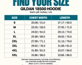 Photo 13 of 20: A sizing chart table for the Gildan 18500 hoodie detailing chest width and length measurements from small to 5XL.