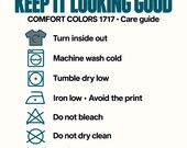Photo 16 of 17: A garment care guide with six icons and instructions including turn inside out, machine wash cold, and tumble dry low.