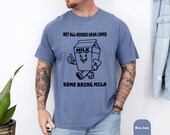 Photo 6 of 8: Blue dad shirt with a playful milk carton art graphic and the phrase Not All Heroes Wear Capes Some Bring Milk, a funny dad shirt and fathers day gift for a cool papa outfit with cozy everyday style