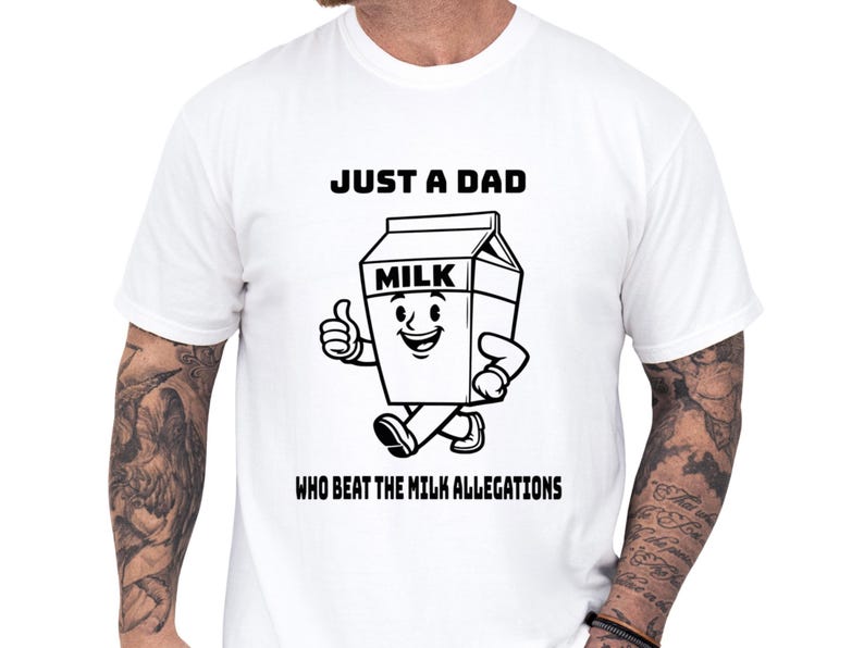 Funny dad shirt with a playful milk carton art graphic and bold Just a Dad slogan, a witty dad joke tee for a fathers day gift, cool papa outfit, or family gag clothes with a clean, classic look