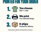 Photo 17 of 17: A three-step process graphic showing shirt selection, printing, and shipping for made-to-order items.