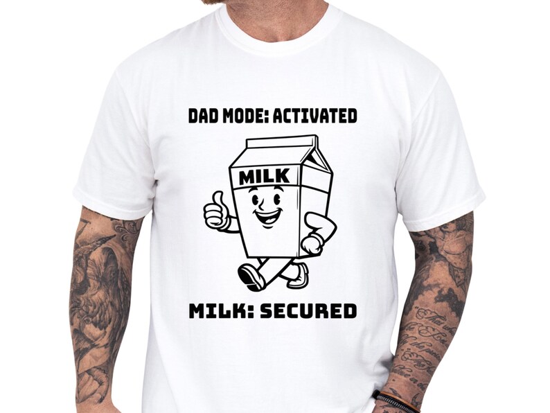 Funny dad shirt featuring a playful milk carton art graphic with Dad Mode Activated and Milk Secured, a cozy milk carton tee and gag gift for dad with cool papa outfit vibes for Father’s Day or a snack quest design lover