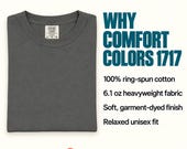 Photo 12 of 17: Graphic highlighting features of the Comfort Colors 1717 t-shirt next to a neatly folded dark grey shirt.