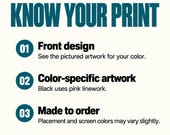 Photo 14 of 17: Print details graphic explaining front design placement, color-specific linework, and made-to-order terms.