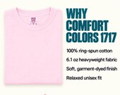 Photo 12 of 17: A neatly folded light pink t-shirt next to text detailing Comfort Colors 1717 fabric features and specifications.