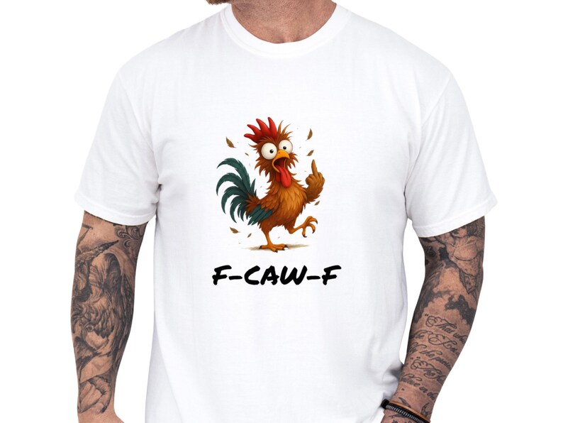 Black Comfort Colors graphic tee showing a colorful, startled rooster flipping the middle finger with bold "F-CAW-F" text, playful adult humor and edgy protest shirt energy on a relaxed, cozy statement tee, casual streetwear vibe, funny t shirt and gift for him or gift for dad and men's gift ideas