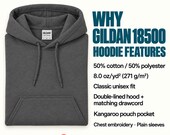 Photo 15 of 20: Product feature graphic highlighting a folded dark gray Gildan 18500 hoodie with text listing material specs, double-lined hood, and pouch pocket.