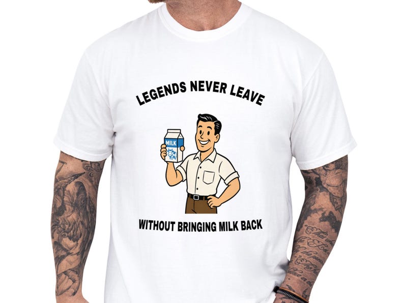 Funny Graphic Tee with Man Holding Milk Carton, Relaxed Fit T-Shirt
