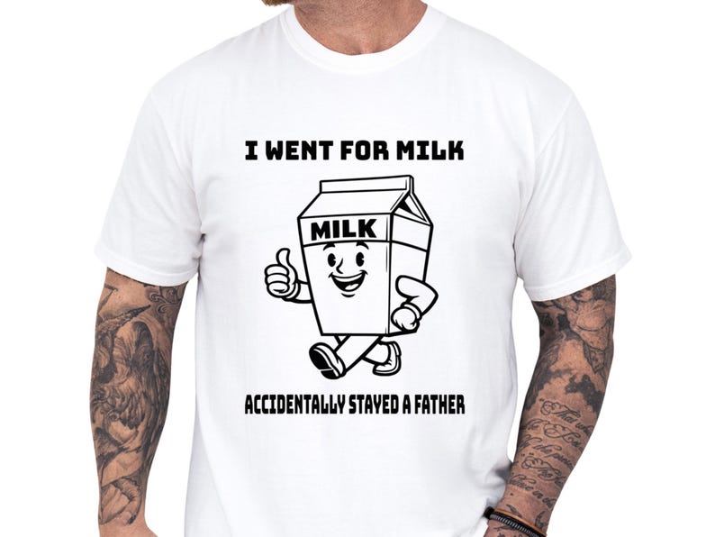 Funny dad shirt with a playful milk carton art graphic and the phrase Accidentally Stayed a Father, shown on a clean white tee with a bold, witty look that makes a great fathers day gift, gift for dad, or cool papa outfit for a lighthearted family gag clothes style