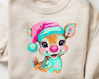 Cute Christmas Reindeer Sweatshirt, Cute Retro Holiday Hoodie, Cozy Xmas Gift, Winter Sweatshirt for Her, Retro Deer Sweatshirt