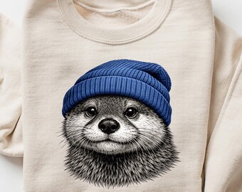 Beanie Sweatshirt, Cozy Retro 90's Animal Pullover, Cute Sweatshirt, Otter Holiday Outfit, Sea Animal Christmas Gift, Otter Lovers Apparel