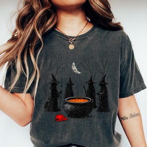 May include: A charcoal gray short-sleeve t-shirt featuring a graphic illustration of four black-clad witches standing around a large black cauldron with orange liquid. A small red baseball cap sits on the ground near the cauldron under a crescent moon.