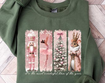 Pink Nutcracker Christmas Sweatshirt, Retro Nutcracker Sweatshirt, Vintage Christmas Sweatshirt , Coquette Pink Tree Christmas Sweatshirt