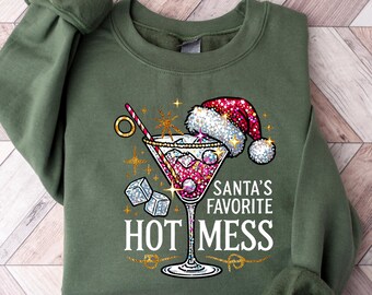 Santa's Hot Mess Sweater, Christmas Martini Hoodie, Faux Glitter Christmas Drink Sweater,Christmas Party Sweatshirt, Drink Sweater For Women