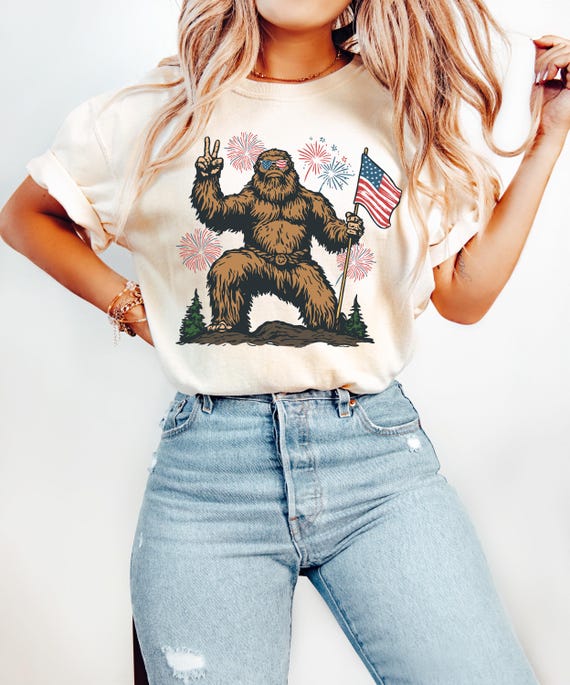 Patriotic Bigfoot Shirt, American Flag Bigfoot Tee, 4th of July Bigfoot Shirt, Cute USA Sasquatch Graphic Tee.